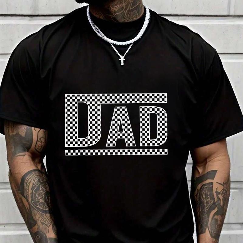 Bold 'DAD' Checkered Lettering Men's Casual Tshirts For Summer Short Sleeve Comfortable Tops