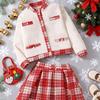 Милый набор для девочек: Осенняя детская мода Красная клетчатая юбка и куртка с короткими рукавами с цветочным принтом Набор из двух предметов