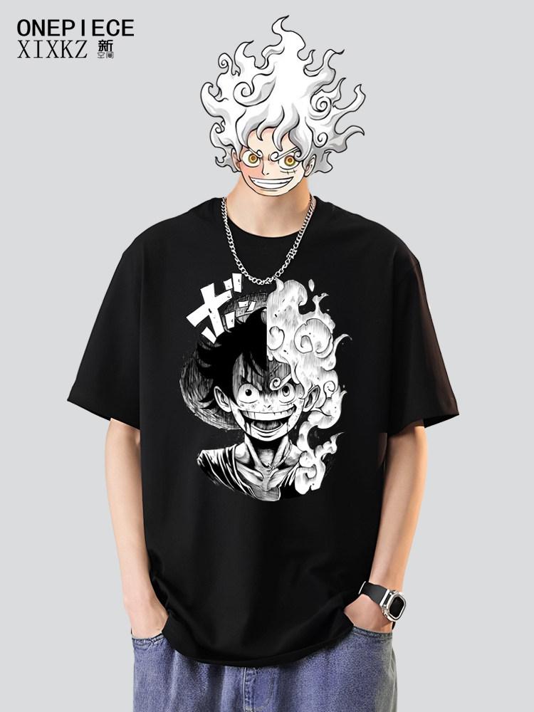 One Piece Luffy Gear 5 Nika Split Face Anime Back Graphic T Shirt Oversized Cotton Unisex Casual Short Sleeve Streetwear Tee