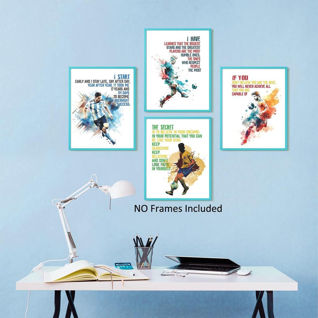 pirational Soccer Room Decor - Set of 6 Motivational Wall Art Prints (8x10 In) for Boy's Bedroom or Classroom