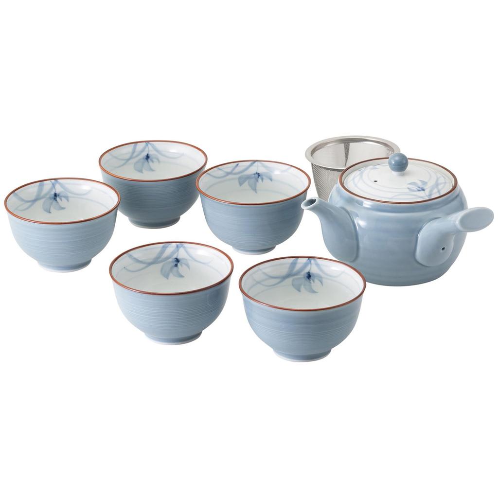 Nishikai Toki Hasami Ware Tea Includes and Sencha Microwave and Dishwasher Made In Japan "Gray Orchid" 6-Piece Set, Teapot, Teacups, Cups, Bowls,