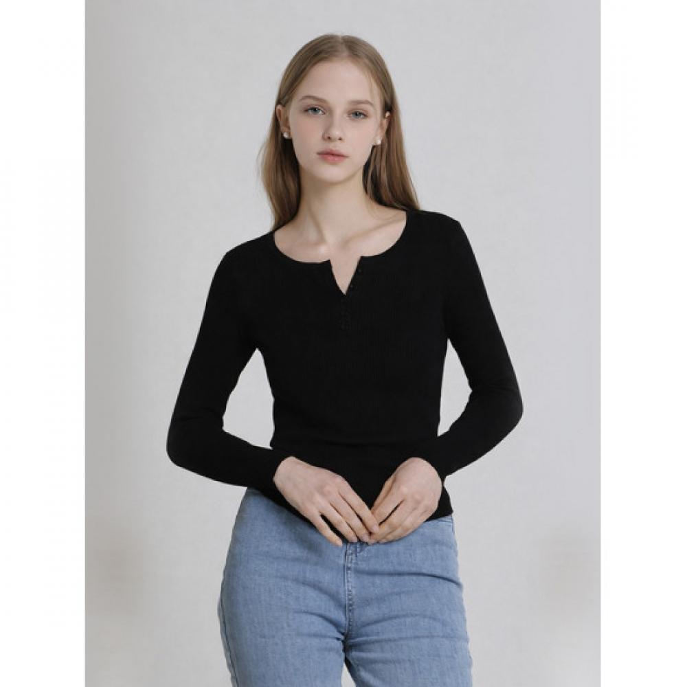 Ozoc Henley Neck Ribbed Round Hem Knit
