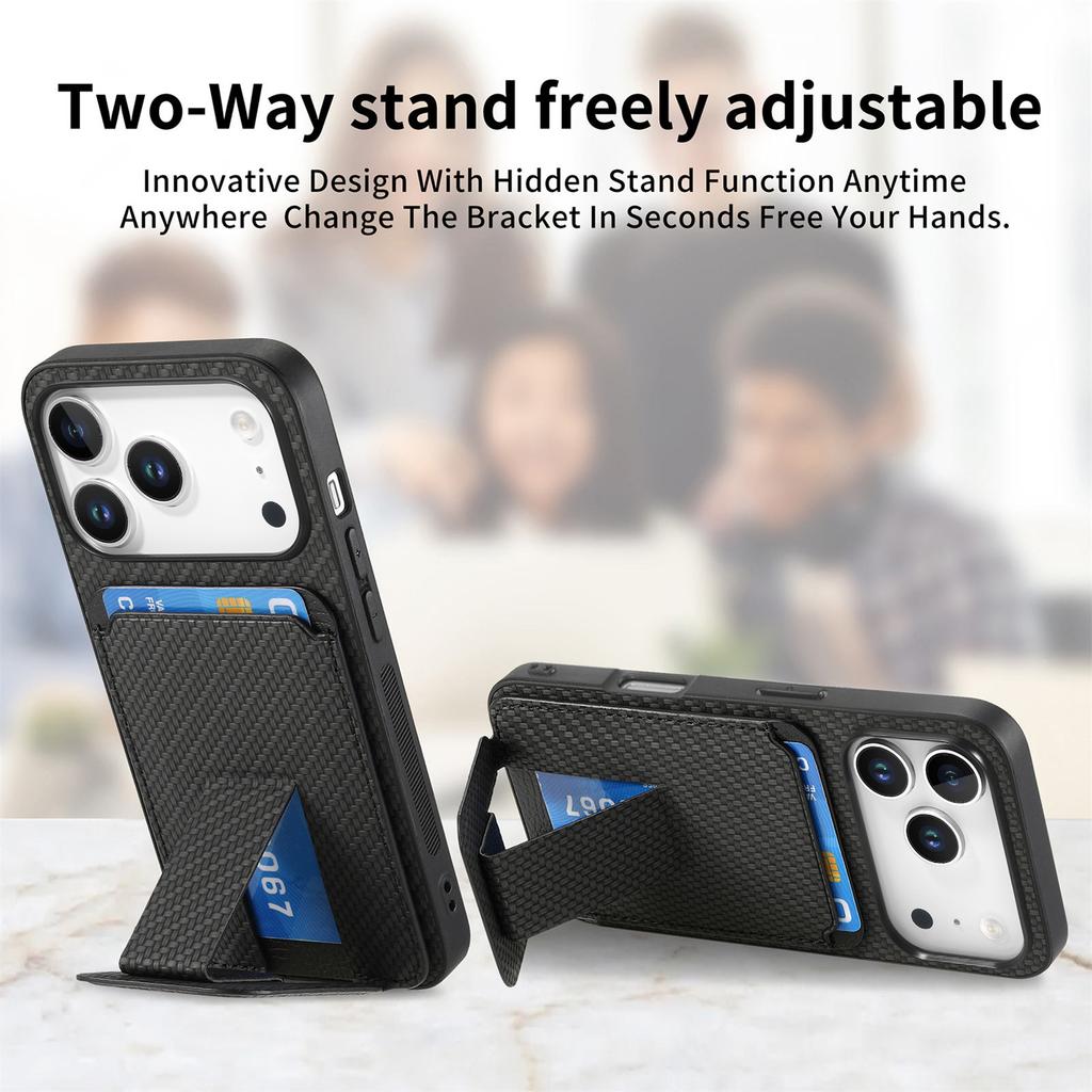 For iPhone 17 Pro Case Card Holder Carbon Fiber Texture Leather Coated TPU Phone Cover