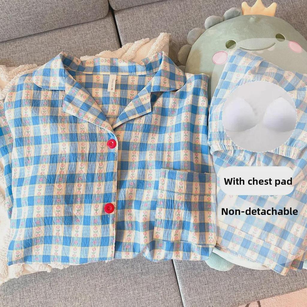 Женский пижамный комплект из хлопка в горошек: Кардиган с длинными рукавами и нагрудными накладками на весну и осень