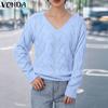 Women Autumn V-neck Long Sleeve Solid Color Pullover Sweaters