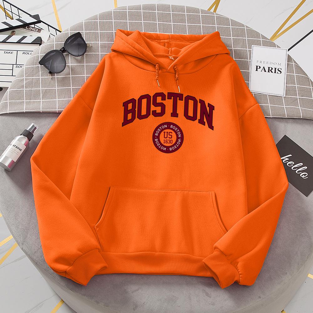 Толстовки с капюшоном Boston City Us, основанные в 1630 году, женские теплые удобные пуловеры, модные повседневные женские базовые толстовки с капюшоном