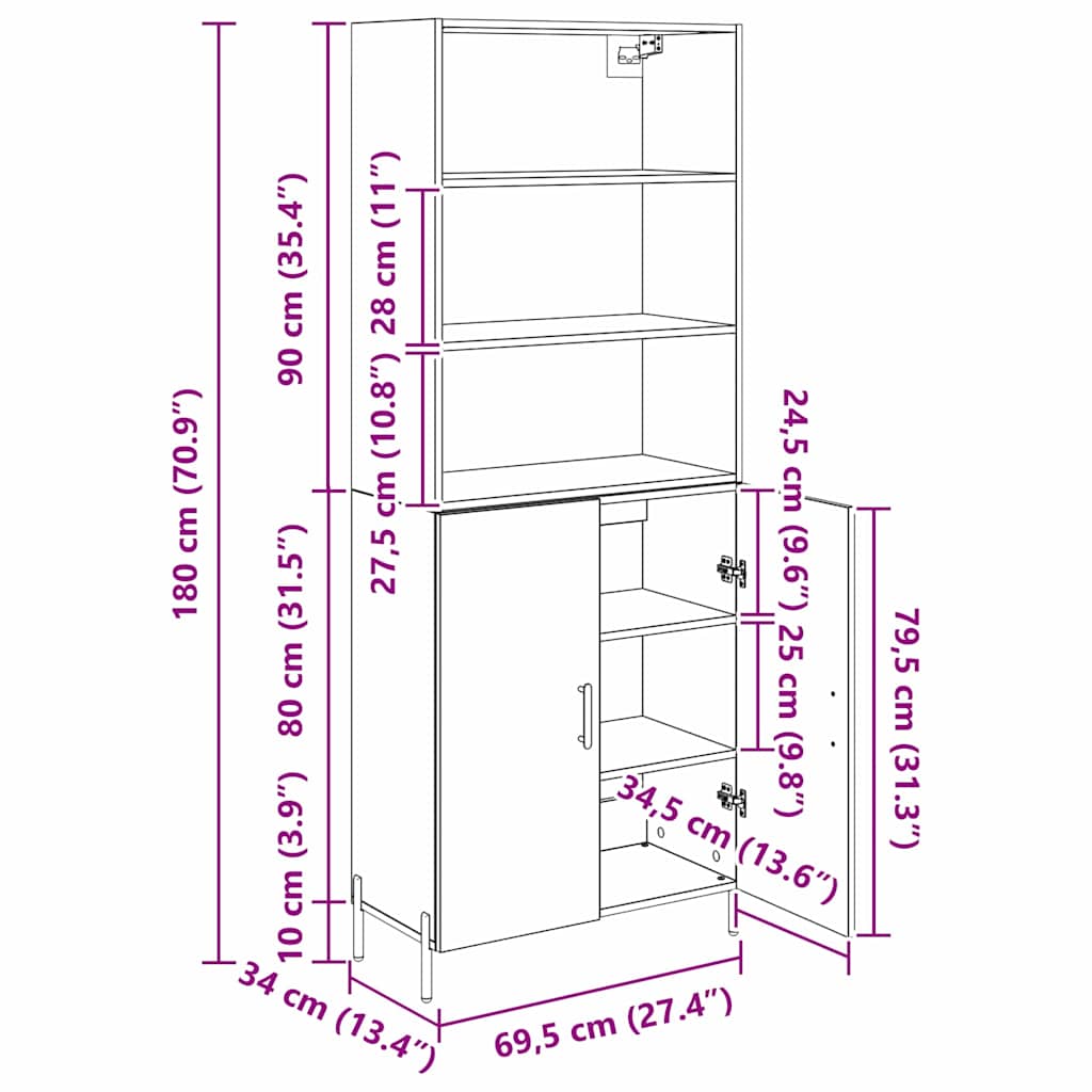 Highboard in Black Oak Look 69.5 x 34 x 180 cm Particleboard
