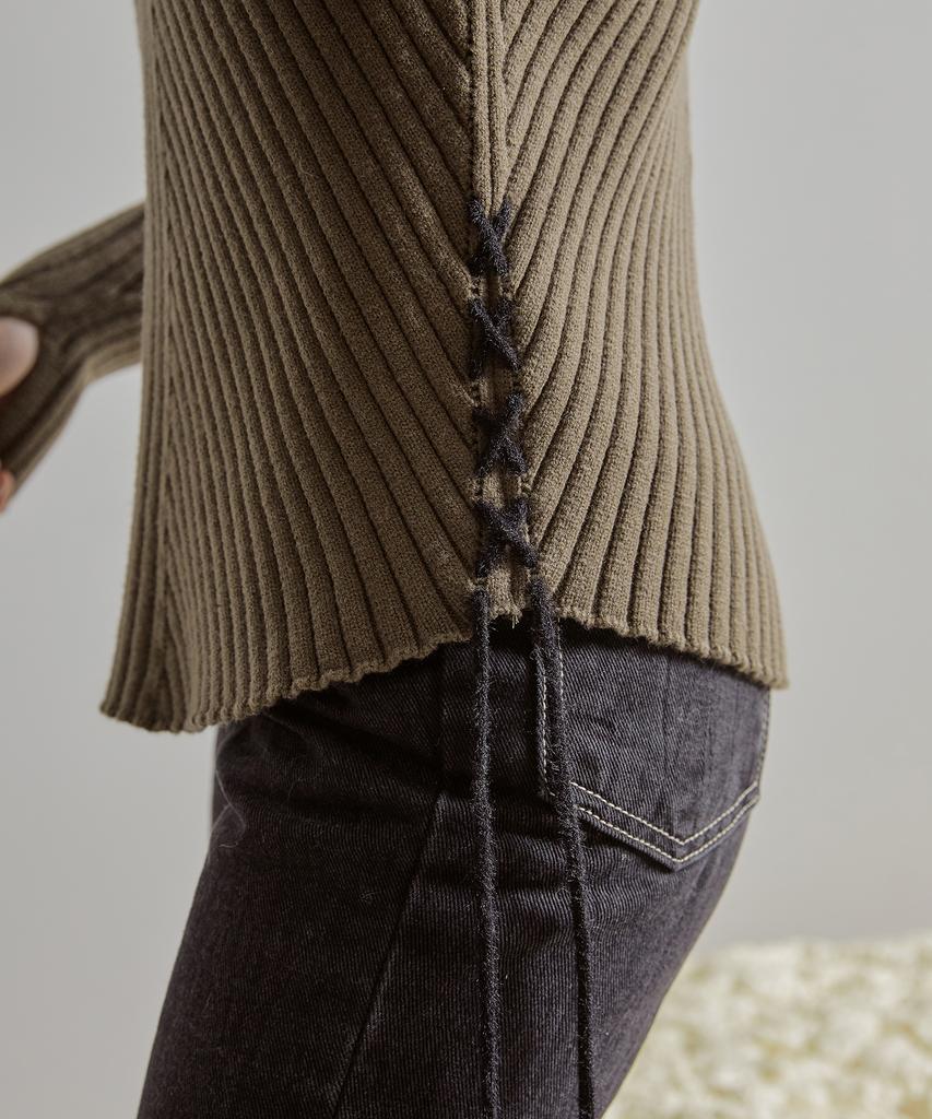 ETMON Slit Sleeve Side Strap Knit Top Khaki