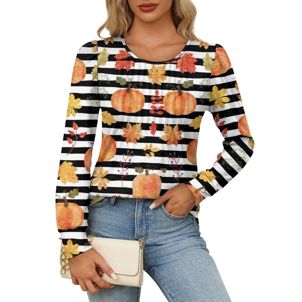 Long Sleeve Shirts For Women Cute Print Graphic Tees Blouses Dressy Casual Blouses Pleated Scooped Neck Tunic Tops Halloween