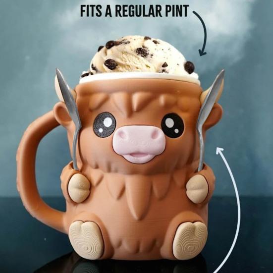 Держатель для пинты мороженого «Хайлендская корова», держатели для эскимо, держатель для пивной банки, изолированный держатель для мороженого со скрытым ящиком для закусок и ложками