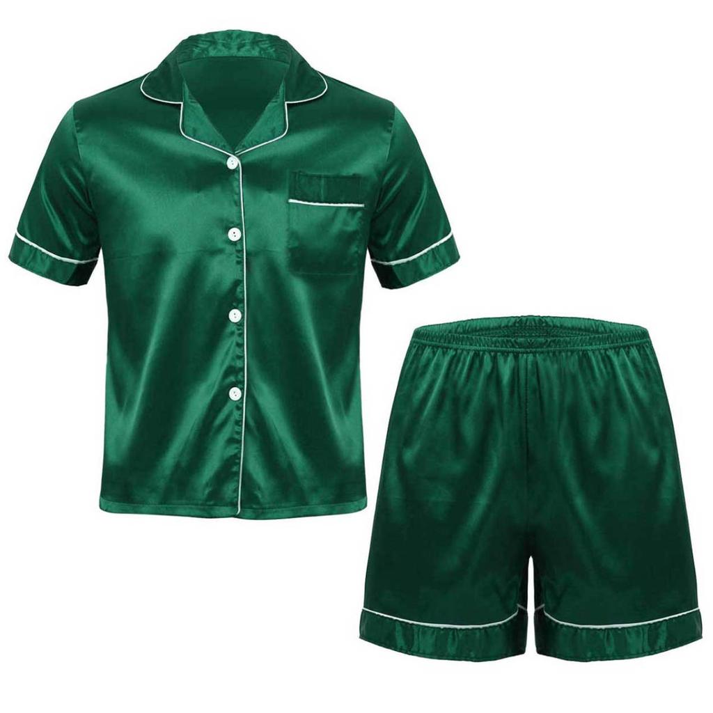Men 2Pcs Silky Satin Pajamas Set Button Down Shirt Top with Boxer Shorts for Sleepwear Loungewear