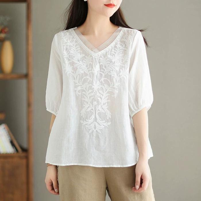 Cotton and Linen Japanese and Korean Five-point Sleeve T-shirt Women's Summer Mother Wear V-neck Embroidered Ladies Top