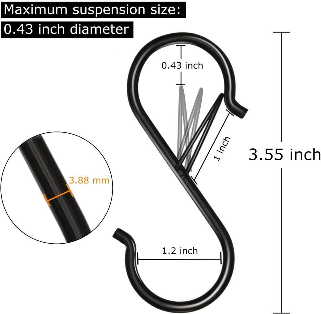 8 Pack S Hooks for Hanging, 3.5 inch Heavy Duty Metal S Hook with Safety Buckle S Shaped Hooks Pot Rack Closet Hooks for Hanging