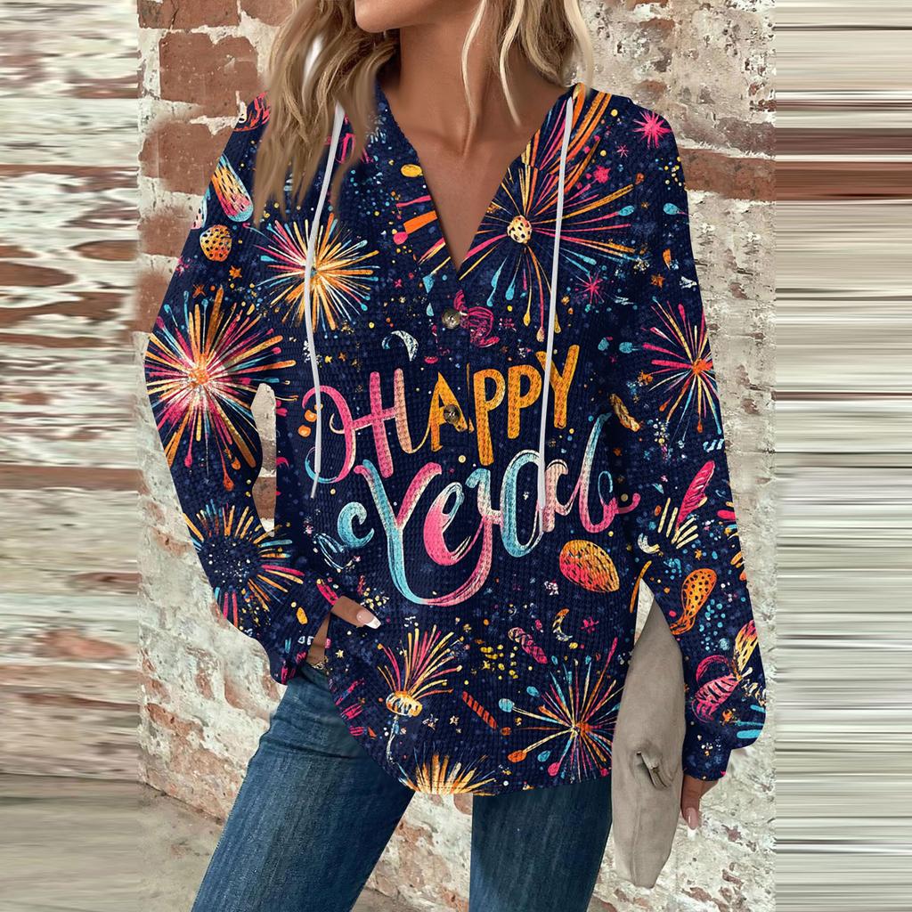 Женская мода с длинным рукавом, завязками на шнурке, капюшоном, пуговицами, V-образным вырезом, повседневная толстовка с капюшоном и рождественским принтом