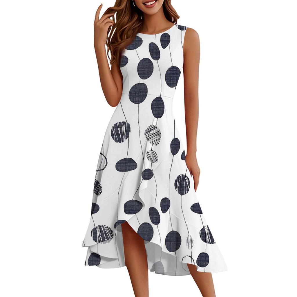 Женские модные повседневные платья без рукавов с круглым вырезом и принтом, элегантные, темпераментные, с оборками