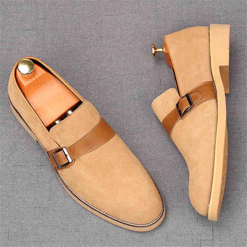 New Men's Pointed Genuine Leather Flats Monk Strap Shoes Brown Yellow Designer Male Homecoming Wedding Dress Footwear