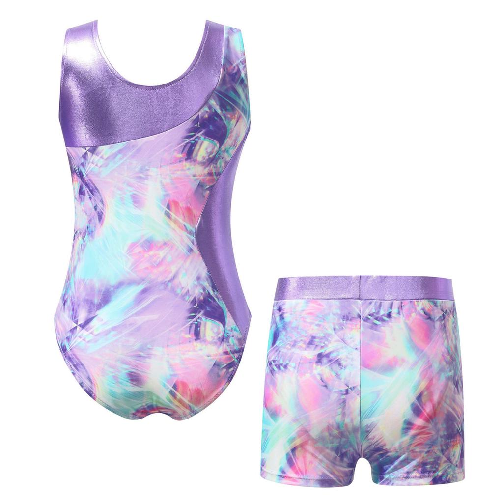 Kids Girls Gymnastics Yoga Dance Sport Sets Fancy Print Leotard and Shorts Dancewear Outfits