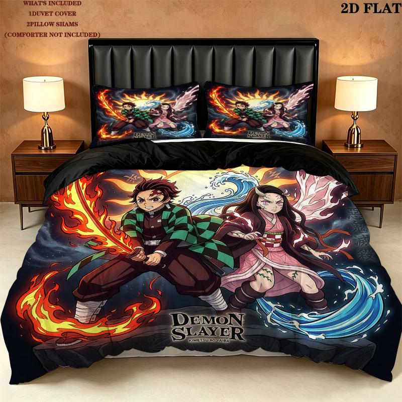 Demon Slayer Pattern Bedding Quilt Set Quilt Cover Pillowcase Home Birthday Gift(1 * duvet cover + 2 * pillowcase, without core)