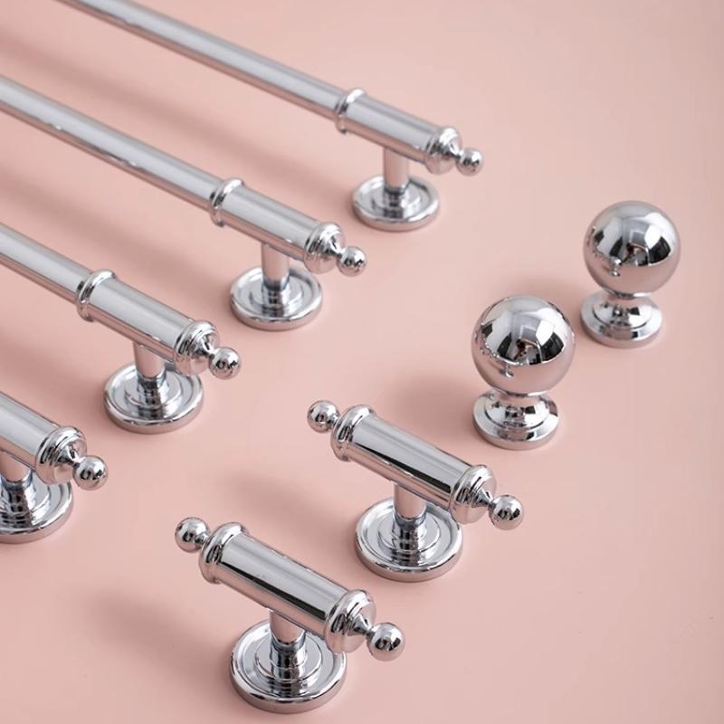 Medieval Silver Long Furniture Handle Cabinet Door Handle French Wardrobe Door Shoe Cabinet Drawer Ball Knob Brass Long Handle