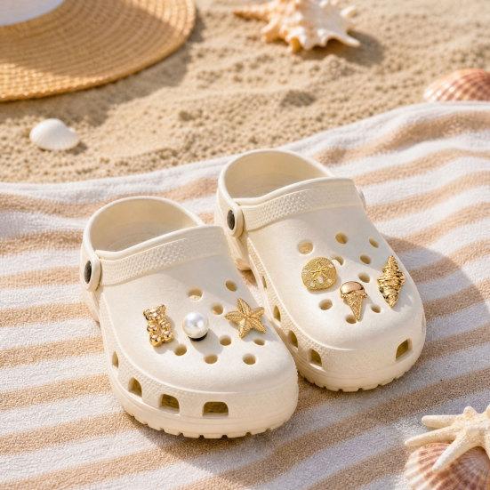 6Pcs/Set Gold-Tone Shoe Charms, Summer Ice Cream Charms, Shell Starfish Shoe Charms for Clogs Women Girls Beach Footwear Decor