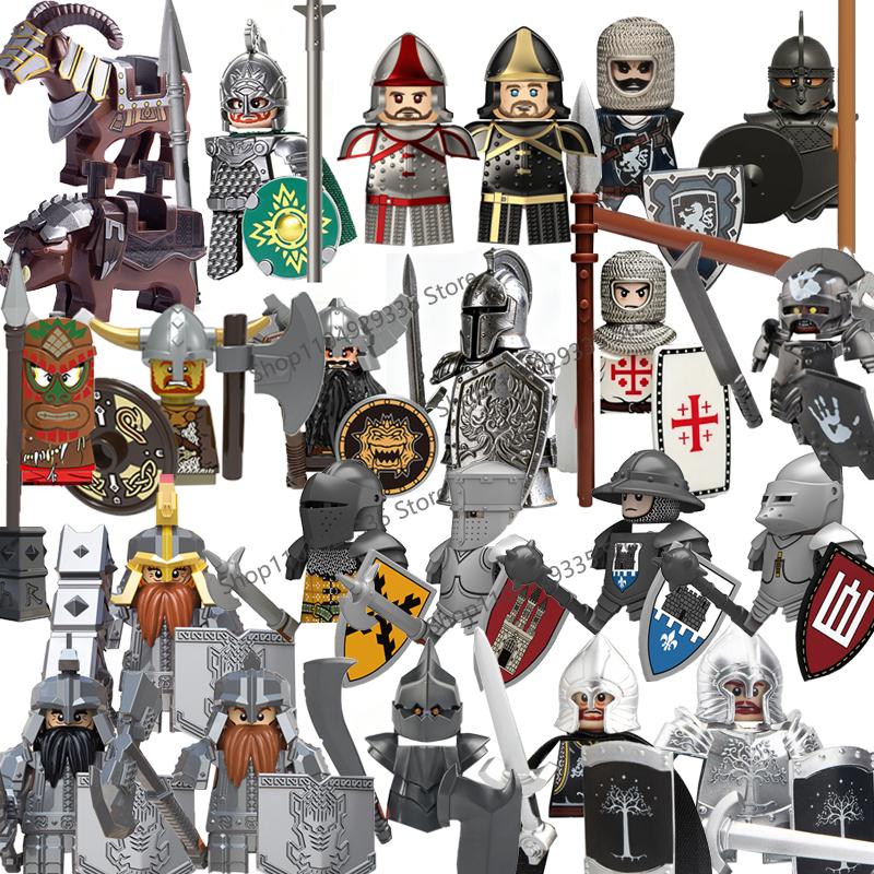 Medieval Knight Figures Building Blocks Elf Guard Dwarf Warrior Wild Boar Sheep Mount Fantasy Movie Character Soldier Bricks Toy