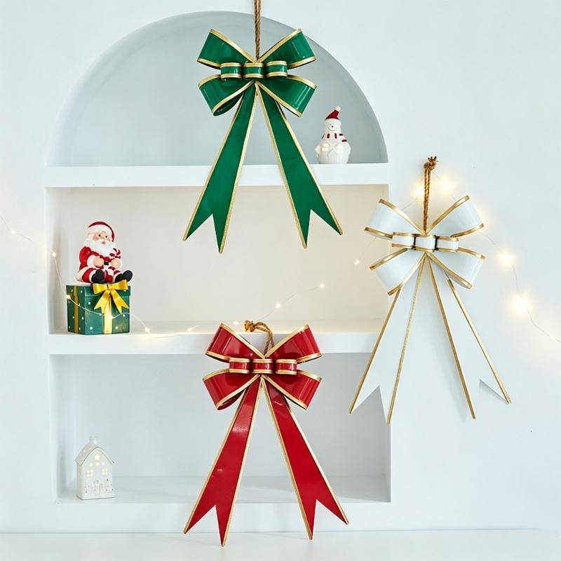 Metal Christmas Bowknot Ornament with Decorative Edging, Notched Bowknot Ends, and Integrated Cord for Party Backrops and Mantels Displays
