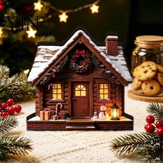 Christmas Tree Decor Glowing House Ornament, LED Wooden Tabletop for Party Hanging Ornaments Holiday Village Display, Light Up Supplies Ornament Sets