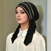 Women Golden Stripes Elastic Hat Cap Muslim Hijab Headband Middle East Instant Scarf Hijab Islamic Turban Bandana
