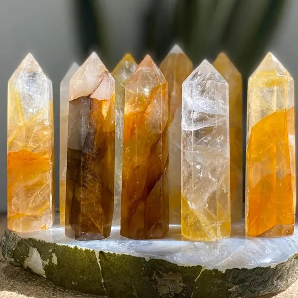 Natural Yellow Phantom Citrine Quartz Six-Sided Crystal Point Ornament