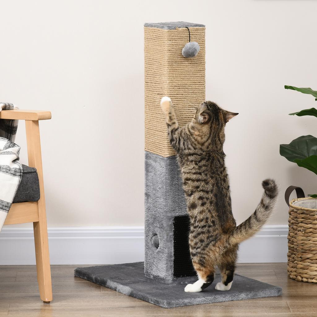 Cat Scratching Post with 2 Toy Balls and Brush, Made of Wood, Jute and Plush, 59.5x39x79 cm, Grey