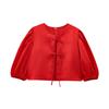 Kaslead New Arrival Women's Fashion Style Fashion Satin Puff Sleeves Bows Short Top