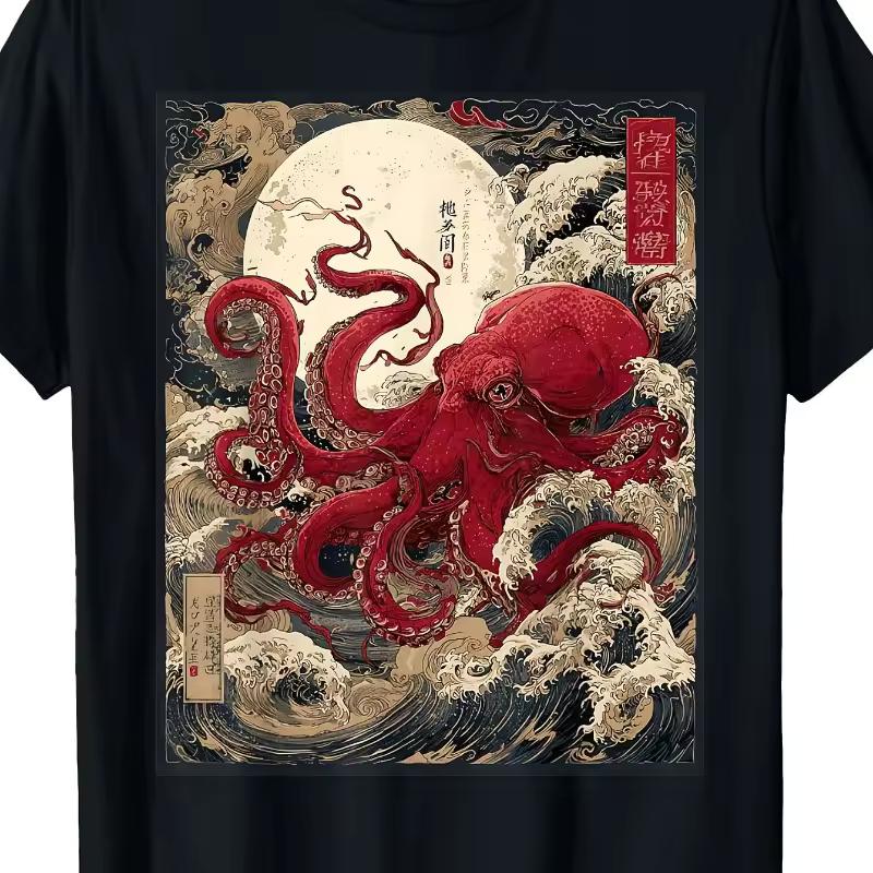 Japanese Ukiyo-e Octopus Mythology Marine Life Art Printed T shirt Summer New Casual T shirt