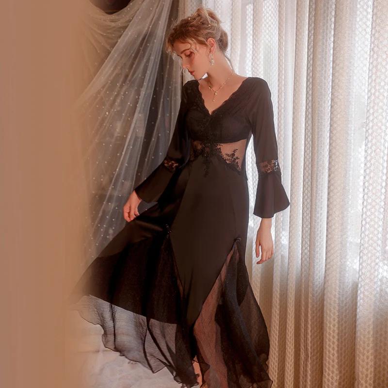 Женская ночная пижама Весенняя с открытой спиной Кружевная атласная ночная сорочка с чашечками Однотонная Сексуальная пижама для женщин