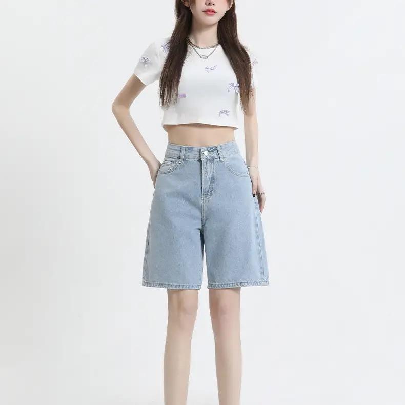 Модные прямые шорты в стиле ретро с высокой талией, женские летние тонкие элегантные джинсовые брюки больших размеров, свободные утягивающие широкие шорты с пятью точками