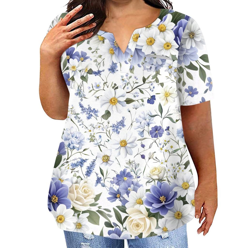 Женская футболка большого размера, повседневный топ с карманами и V-образным вырезом с короткими рукавами