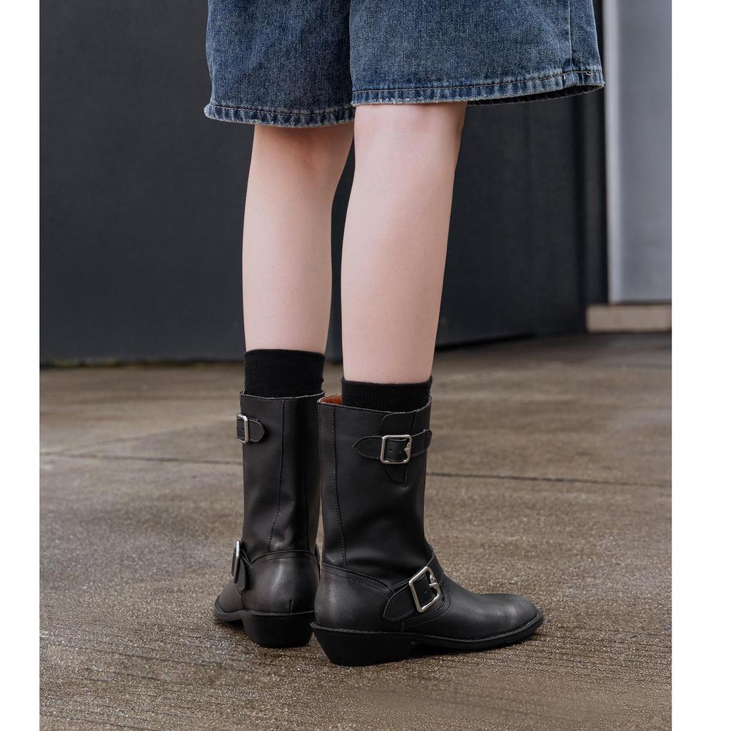 Krazing Pot Осенне-зимняя обувь из коровьей замши и нубука, модные ботинки с круглым носком, сохраняющие тепло, на среднем каблуке, с пряжкой на ремне, с отделкой до середины голени