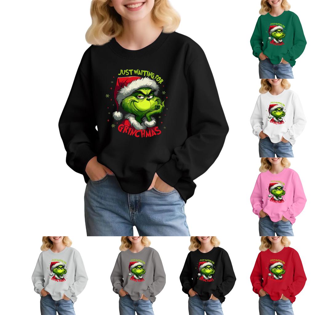 Kids' Fashion Loose-Fit Casual Long-Sleeve Christmas Print Oversized Crewneck Sweatshirt