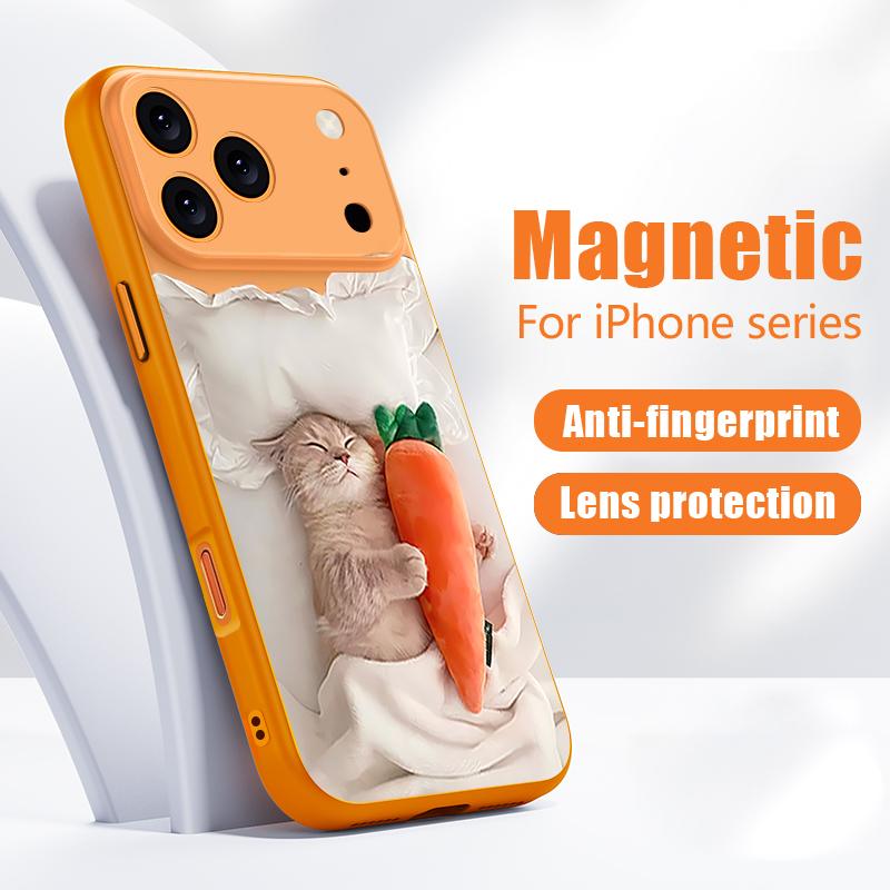 Чехол Спящий кот с узором из моркови Для iPhone 17 Pro Max Магнитный Для Magsafe Покрытие с ощущением кожи Для iPhone 16 15 14 13 Pro Max