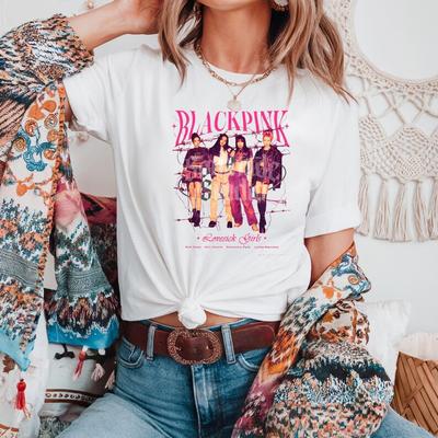 Черная розовая футболка унисекс, K-pop Черно-розовая футболка, Черно-розовая футболка без рамки, Подарок для поклонников Blackpink, Милая K-pop футболка унисекс