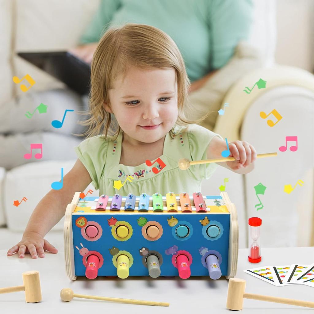 Hammer Game and Xylophone Children's Montessori Toy 4-in-1 Wooden Toy Motor Skills Cube with Knocking Bench Children's Toy Hammer Game for Gift