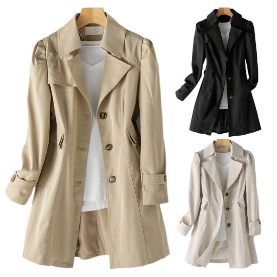 Осень-весна Женская куртка с отложным воротником, однобортное свободное пальто средней длины, однотонный цвет