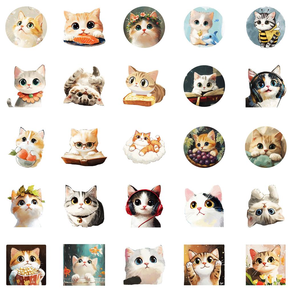 50 Oil Paintings Cat Graffiti Stickers Cute Round Face Kitten Waterproof Decorative Stickers Diy Refrigerator Skateboard Tablet