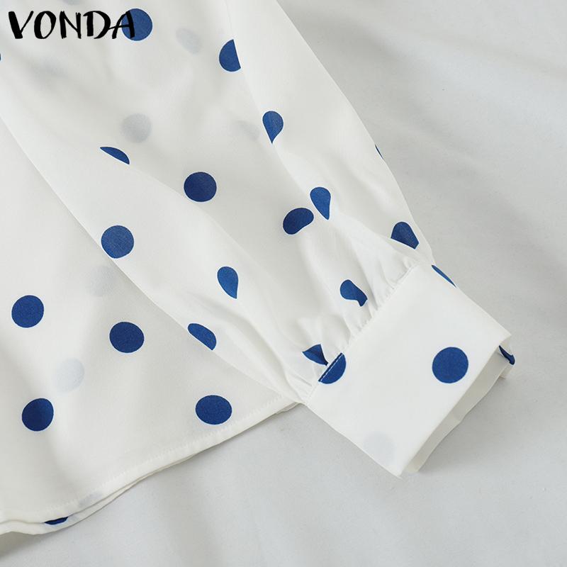 VONDA Женские осенние блузки с круглым вырезом и длинным рукавом в горошек на шнуровке