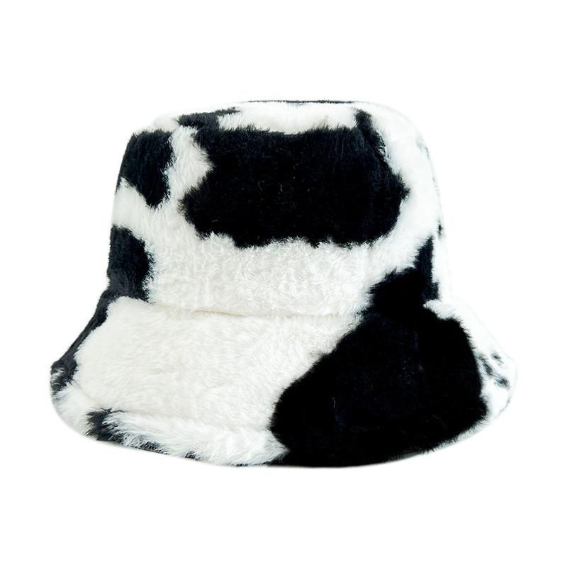 Autumn and Winter Hat Female Sweet Cute Cow Plush Bucket Hat Big Head Circumference Warm Thickened Plush Basin Hat Bucket Hat