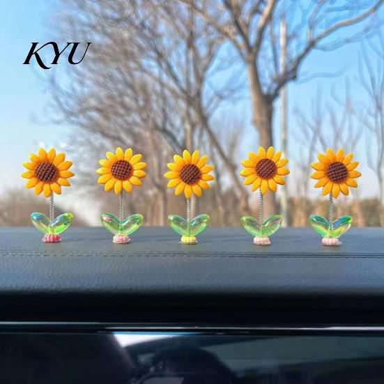 Gift for New Drivers 5Pcs Wobble Sunflower Car Dashboard Decor, Resin Spring Flower Ornament Cute Desk Ornaments with Non Slip Adhesive, Shaking