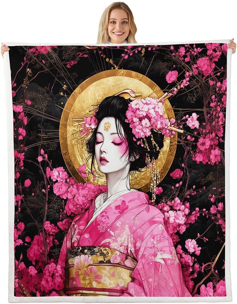 Japanese Geisha Girl Throw BlanketPink Purple Floral BlanketsMoon Starry Sky Night Fleece Blanket for Kids Girls Woman Adult
