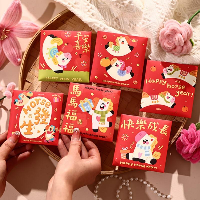 6Pcs 2026 Horse Year Red Envelope Creative Spring Festival Kids Gift Lucky Money Envelopes Cartoon Pony Pattern Red Packet