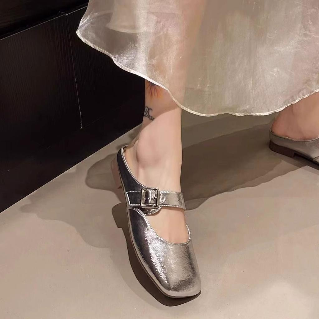 Темпераментные туфли Мэри Джейн с квадратным носком женские осень 2025 новые с открытым верхом, с сумкой на носке, полушлепанцы на низком каблуке, французская плоская подошва, полустелька