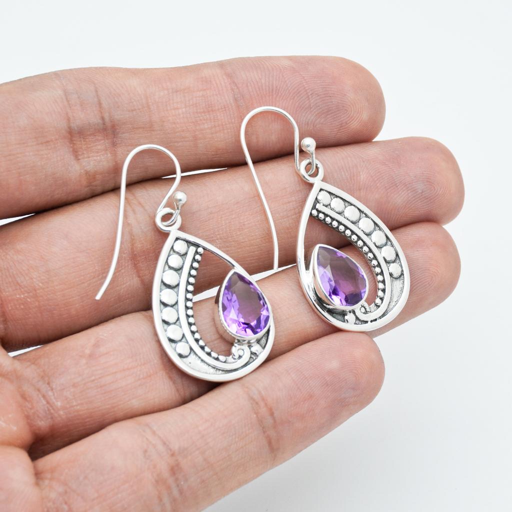 Vintage Teardrop Amethyst Earrings: Oxidized Sterling Silver