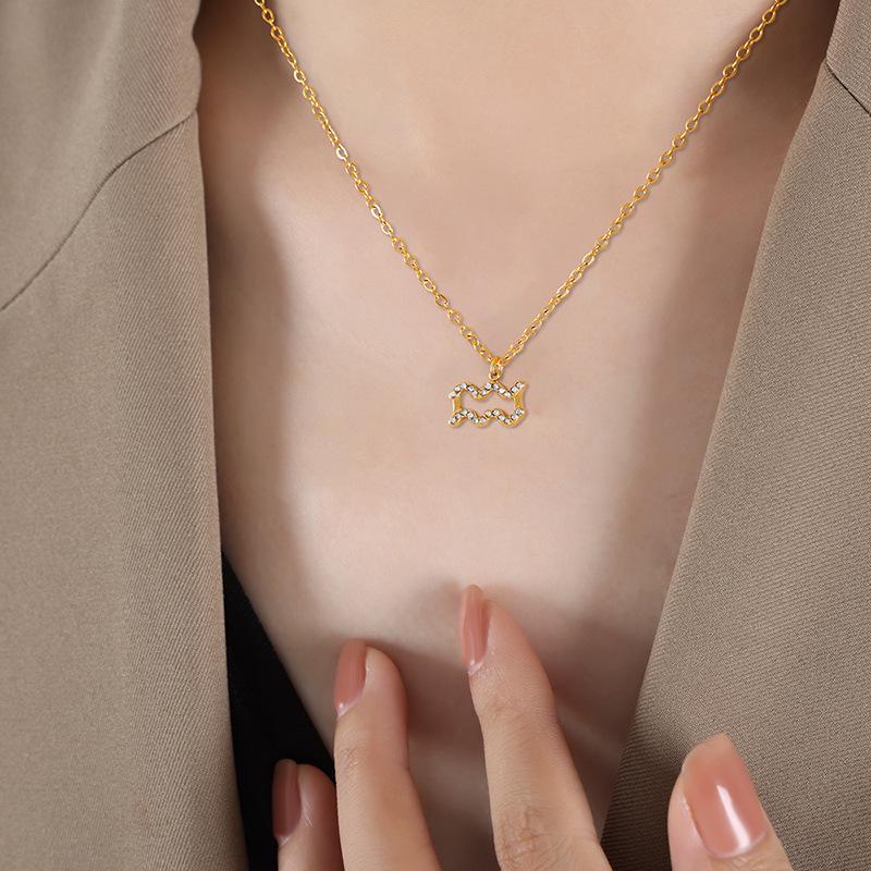 Custom Fashion Gold Titanium Steel Necklace with Zodiac Pendant and Rhinestones